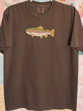 Rainbow Trout Embroidered Medium Brown Comfort Colors Tee Shirt